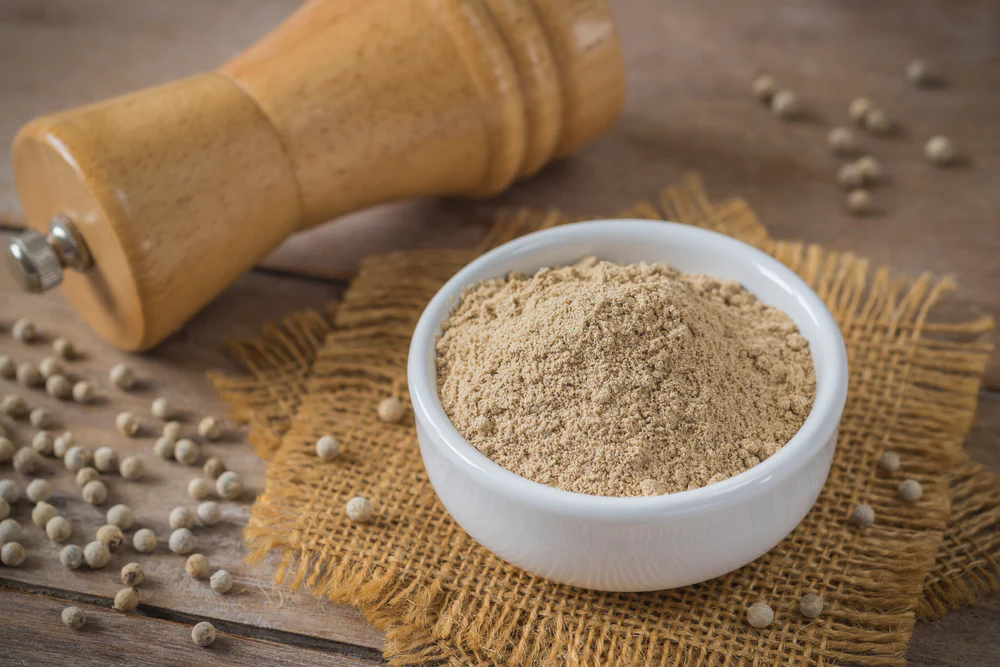 Ground white pepper powder in a bowl used as a seasoning for soups, sauces and creamy dishes